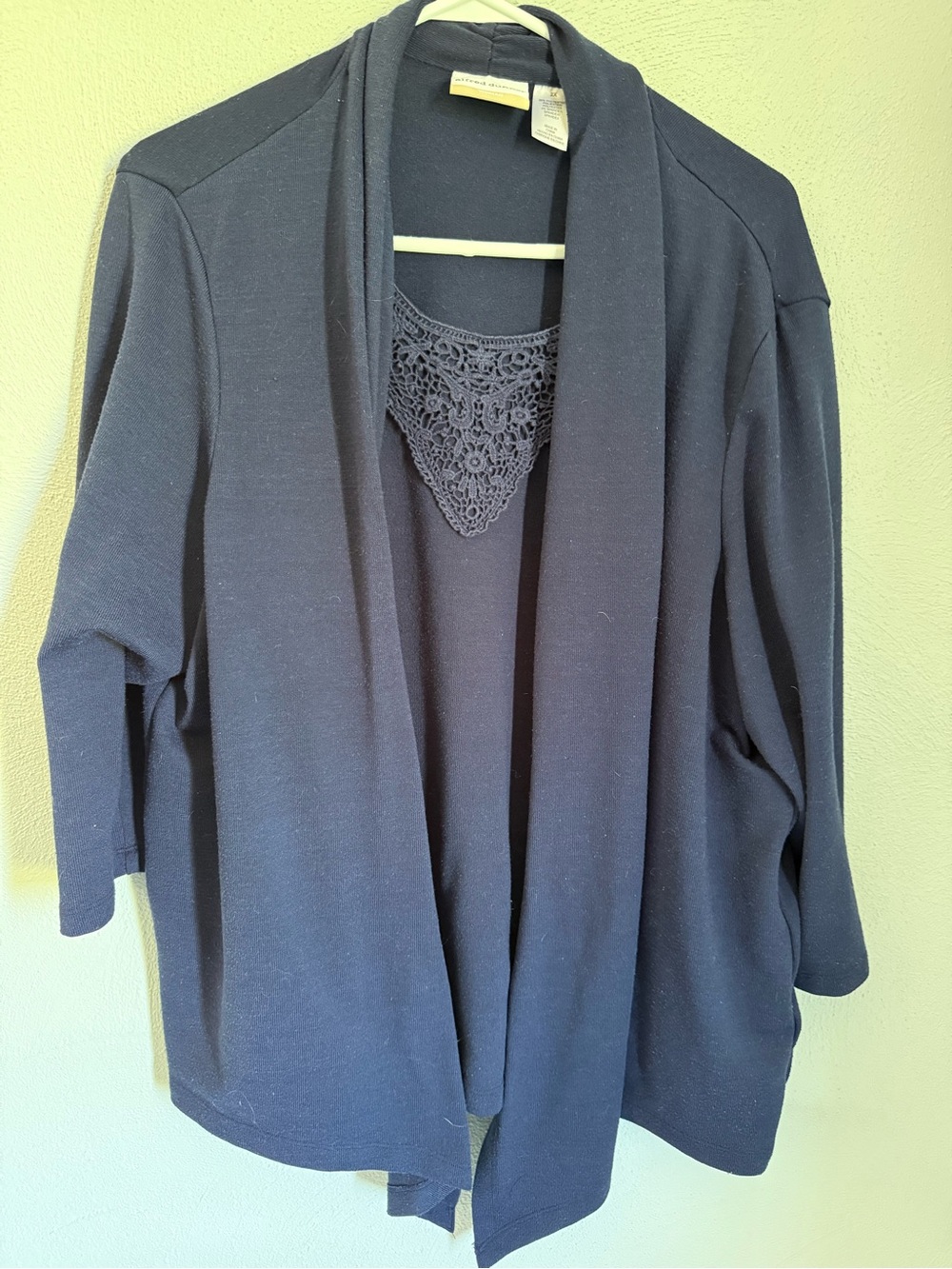 Alfred Dunner Navy Open-Front Cardigan with Crochet Inset Tank Top